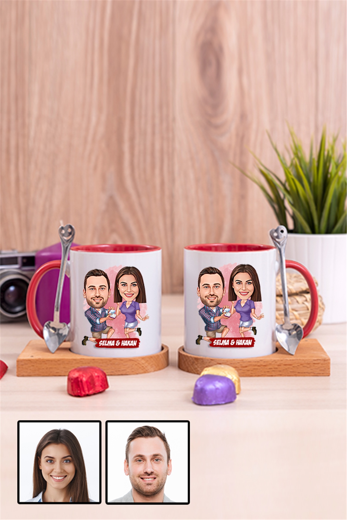 Eşe Yıldönümü Hediyesi Karikatürlü İkili Ahşap Altlıklı İçi Renkli Kupa Bardak