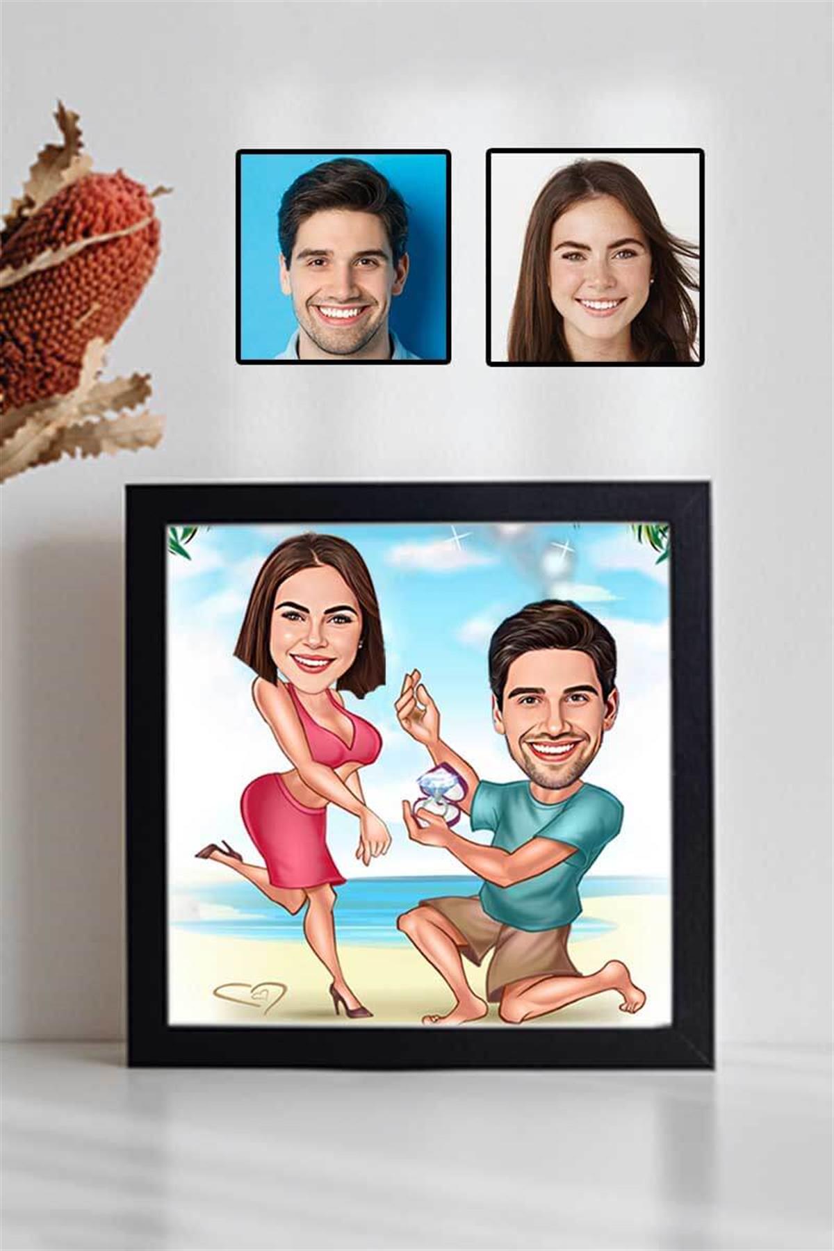 Evlenme Teklifi Temalı Hediye Karikatürlü Kare Çerçeve