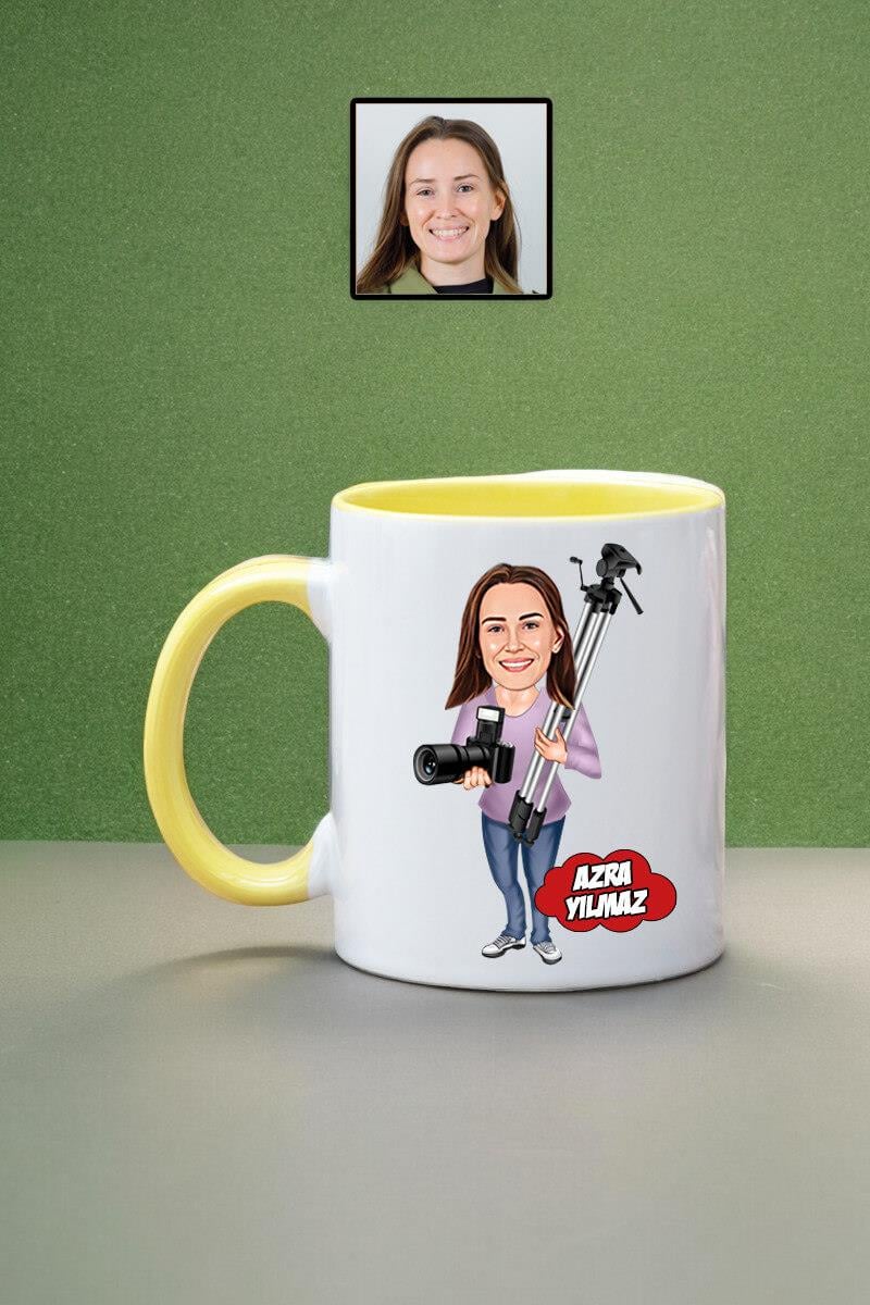 Fotoğrafçıya Hediye Kadın Fotoğrafçı Karikatürlü Kupa Bardak
