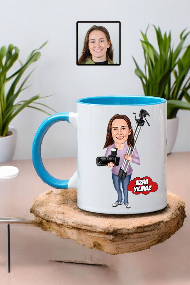 Fotoğrafçıya Hediye Kadın Fotoğrafçı Karikatürlü Kupa Bardak