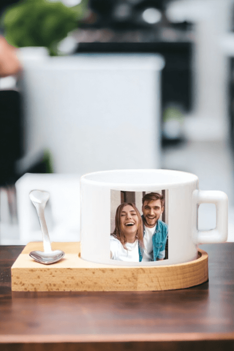 Kişiye Özel Fotoğraflı Ahşap Altlıklı Kahve Fincanı