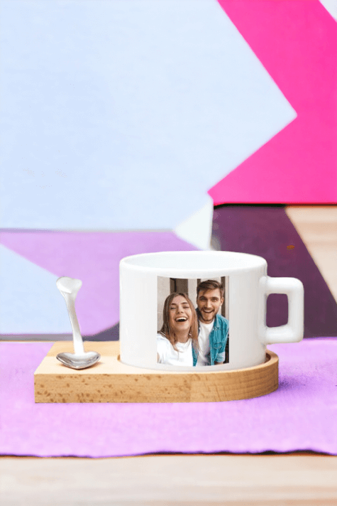 Kişiye Özel Fotoğraflı Ahşap Altlıklı Kahve Fincanı