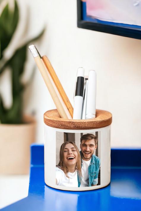 Fotoğraflı Ahşap Kapaklı Kalemlik