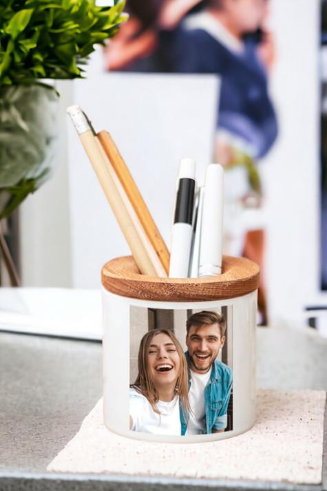 Fotoğraflı Ahşap Kapaklı Kalemlik