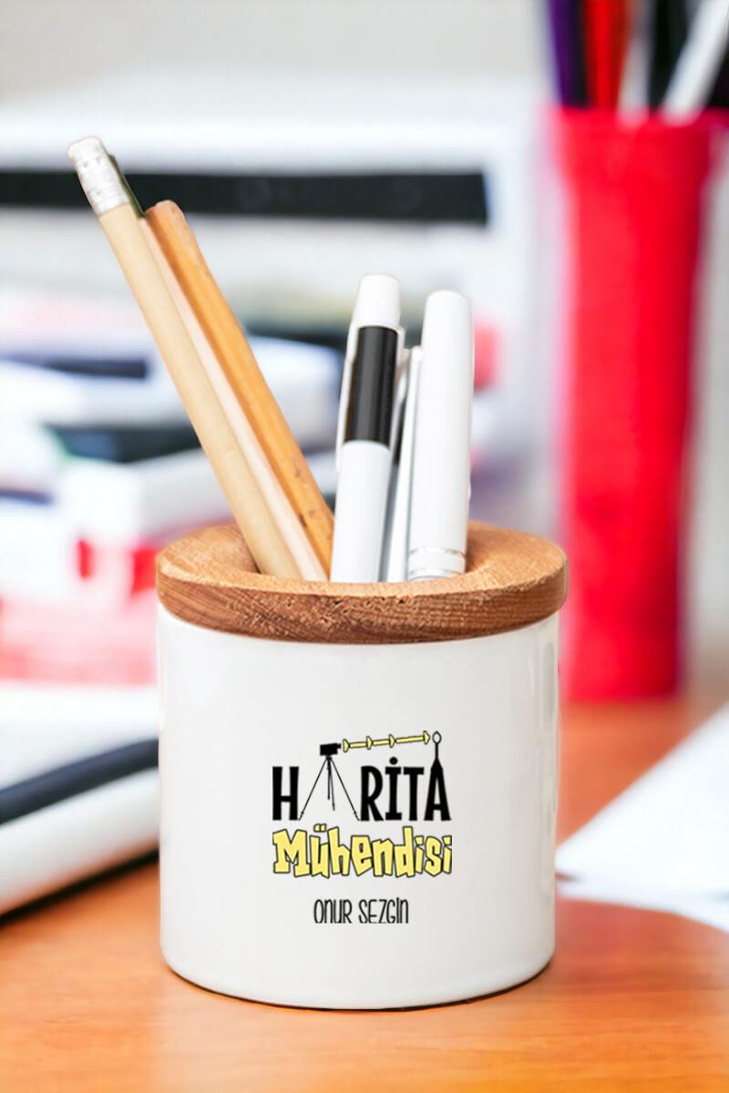 Harita Mühendisi Ahşap Kapaklı Kalemlik