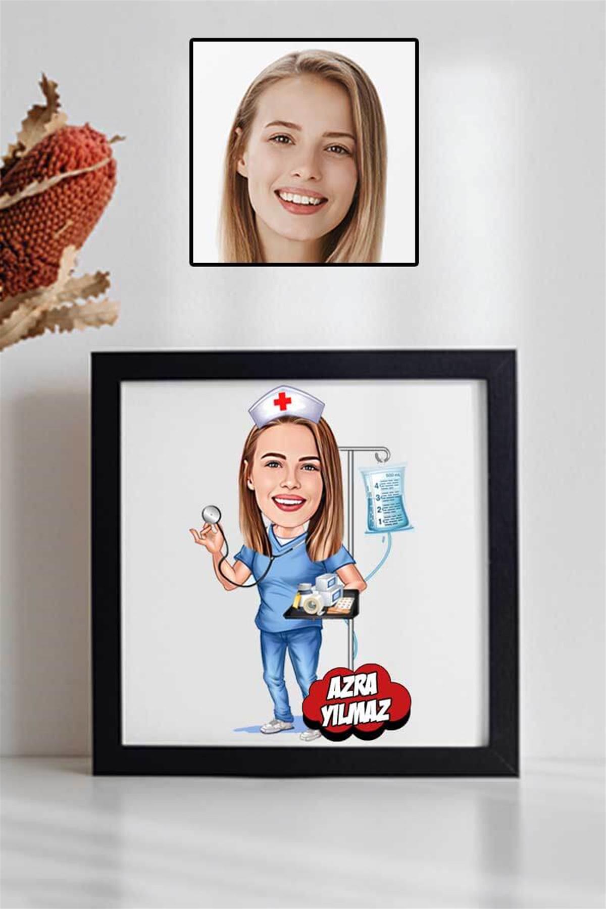 Hemşireye Teşekkür Hediyesi Karikatürlü Kare Çerçeve