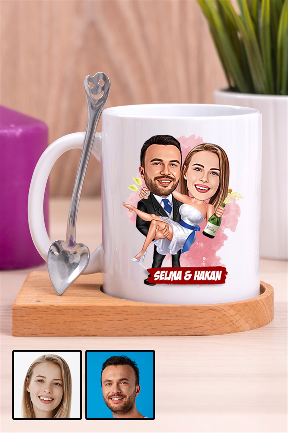 İlginç Sevgililer Günü Hediyesi Karikatürlü Ahşap Altlıklı Beyaz Kupa Bardak