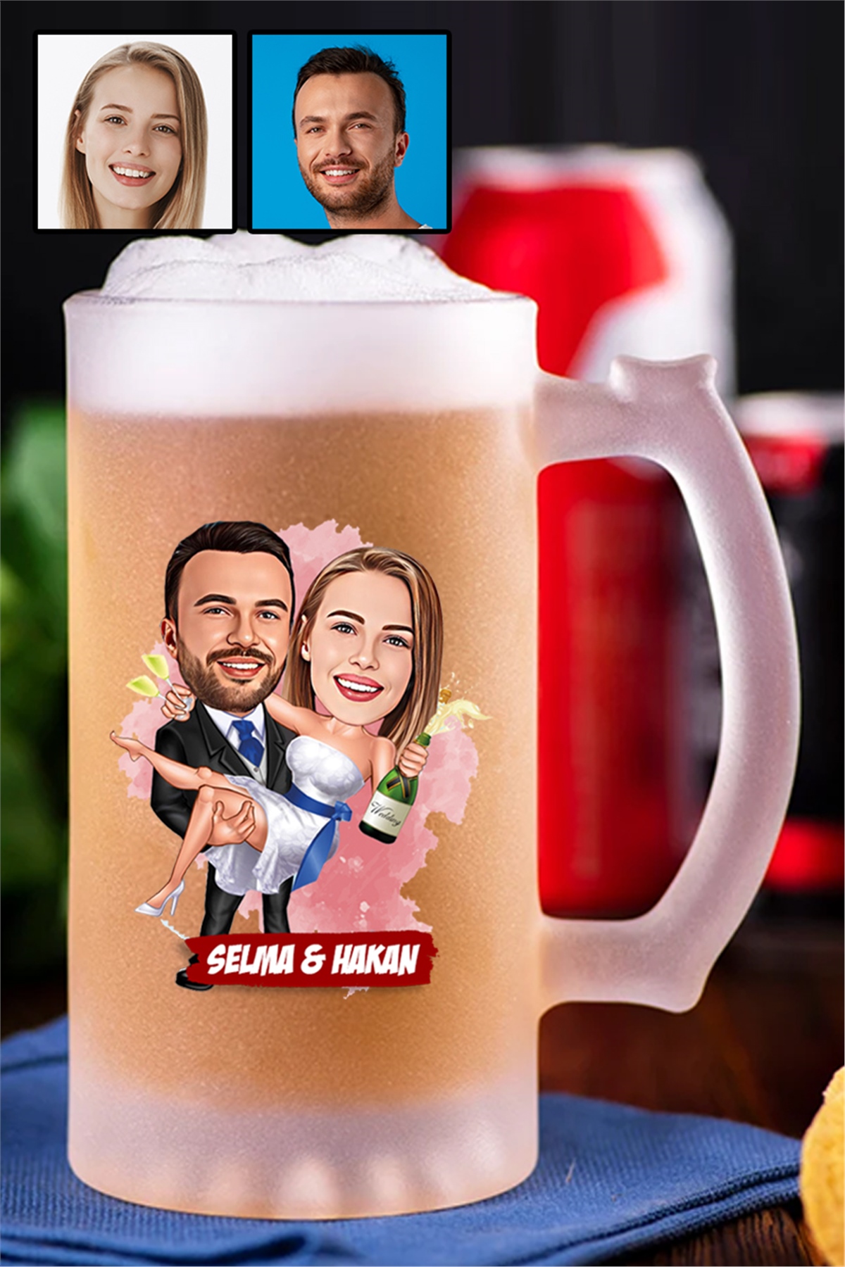 İlginç Sevgililer Günü Hediyesi Karikatürlü Buzlu Cam Bira Bardağı