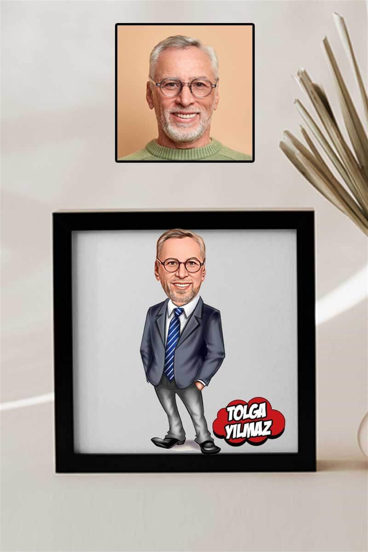 Babaya Hediye Takım Elbiseli Adam Karikatürlü Kare Çerçeve