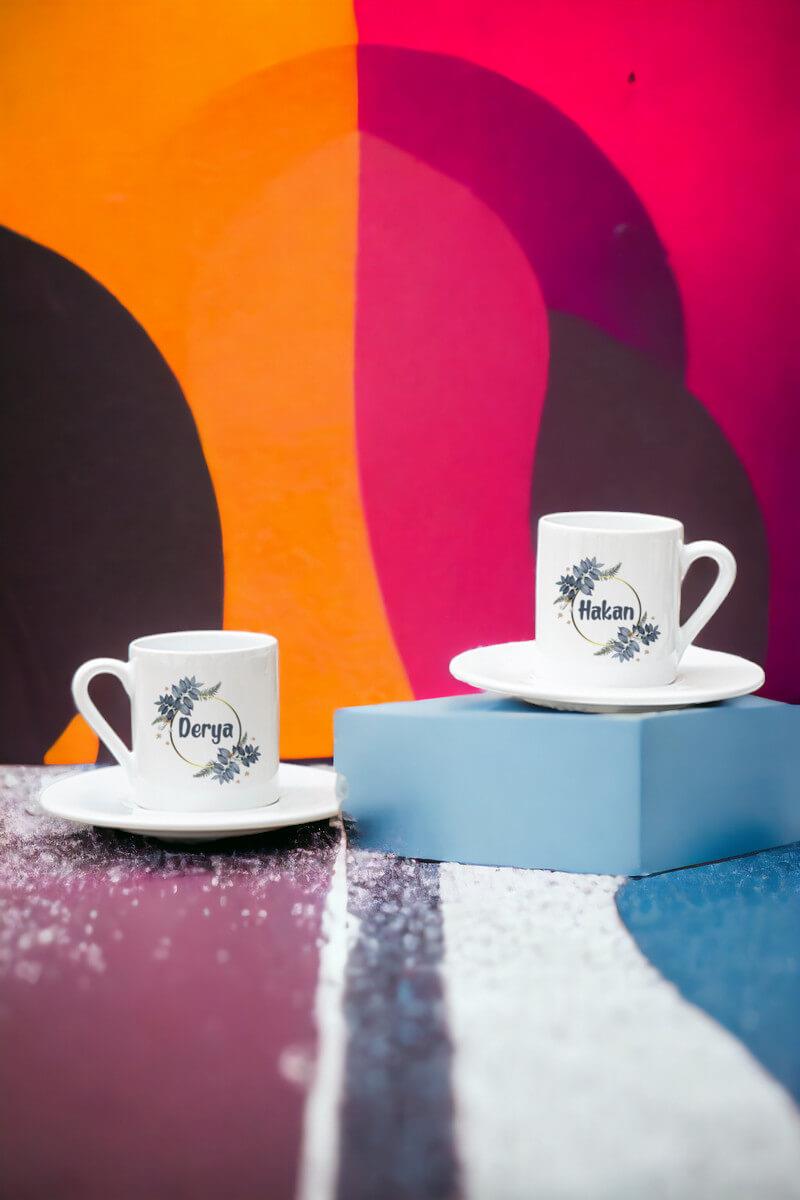 İsme Özel Çiçek Desenli İkili Beyaz Türk Kahvesi Fincanı