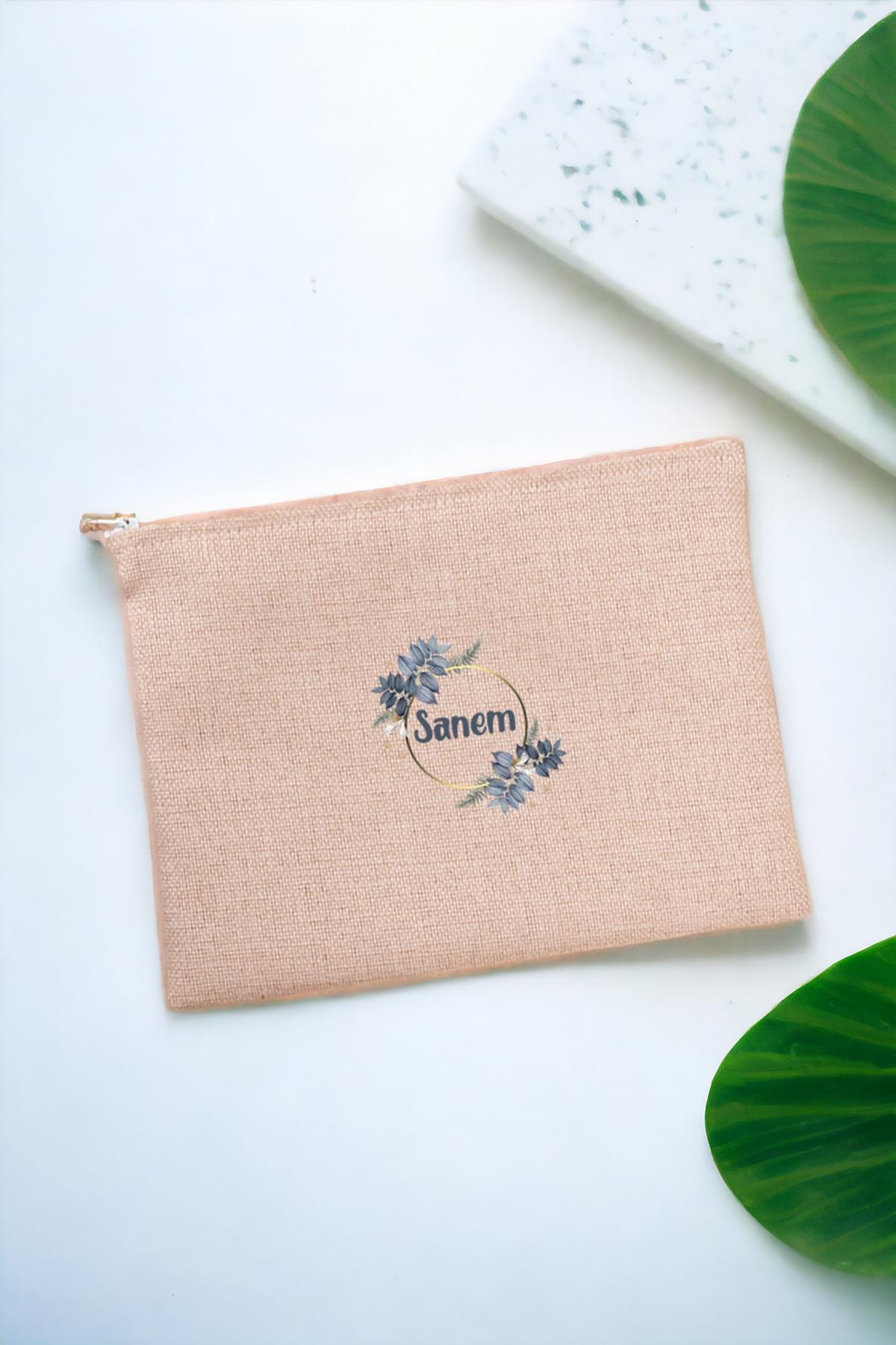 İsme Özel Çiçek Desenli Keten Bez El Çantası