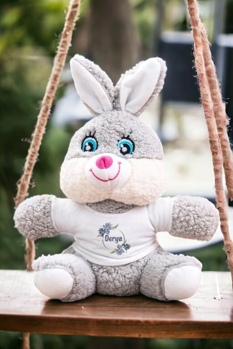 İsme Özel Çiçek Desenli Peluş Tavşan