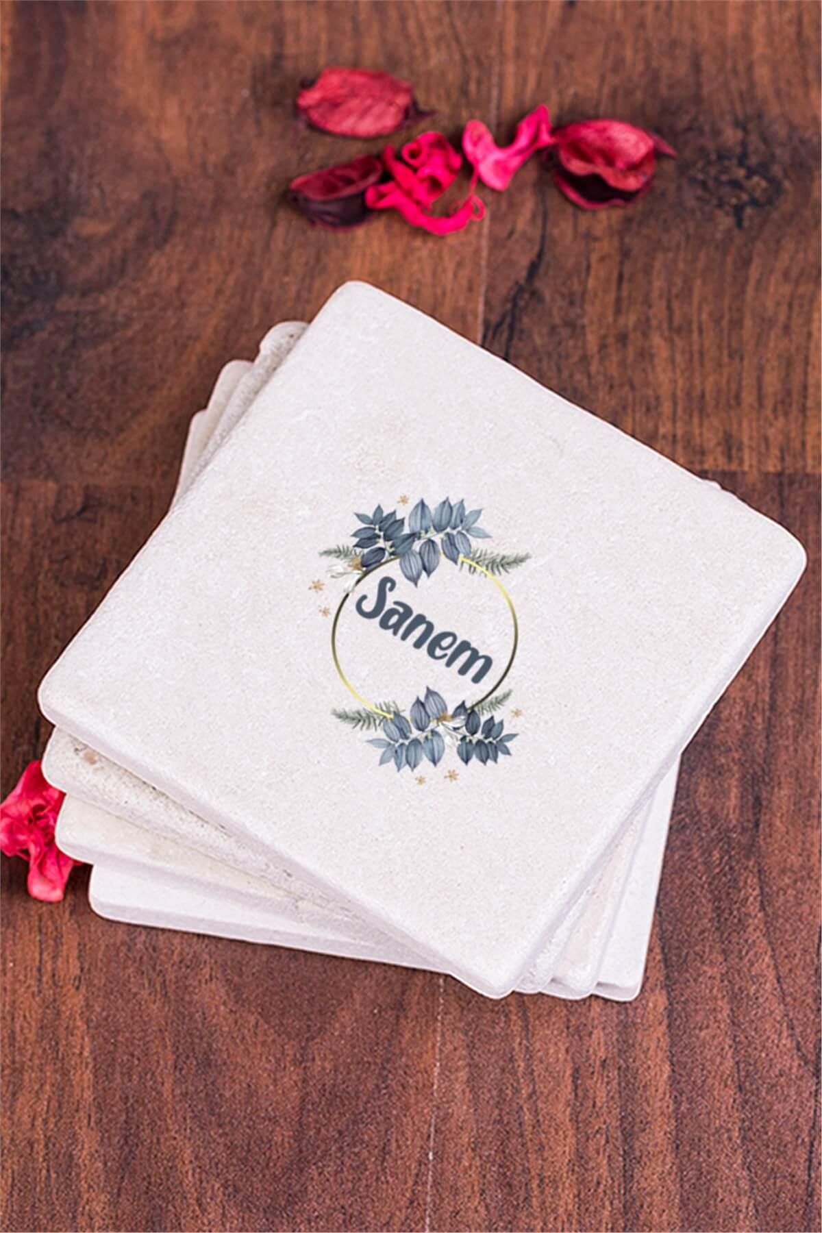 İsme Özel Çiçek Desenli Taş Bardak Altlığı