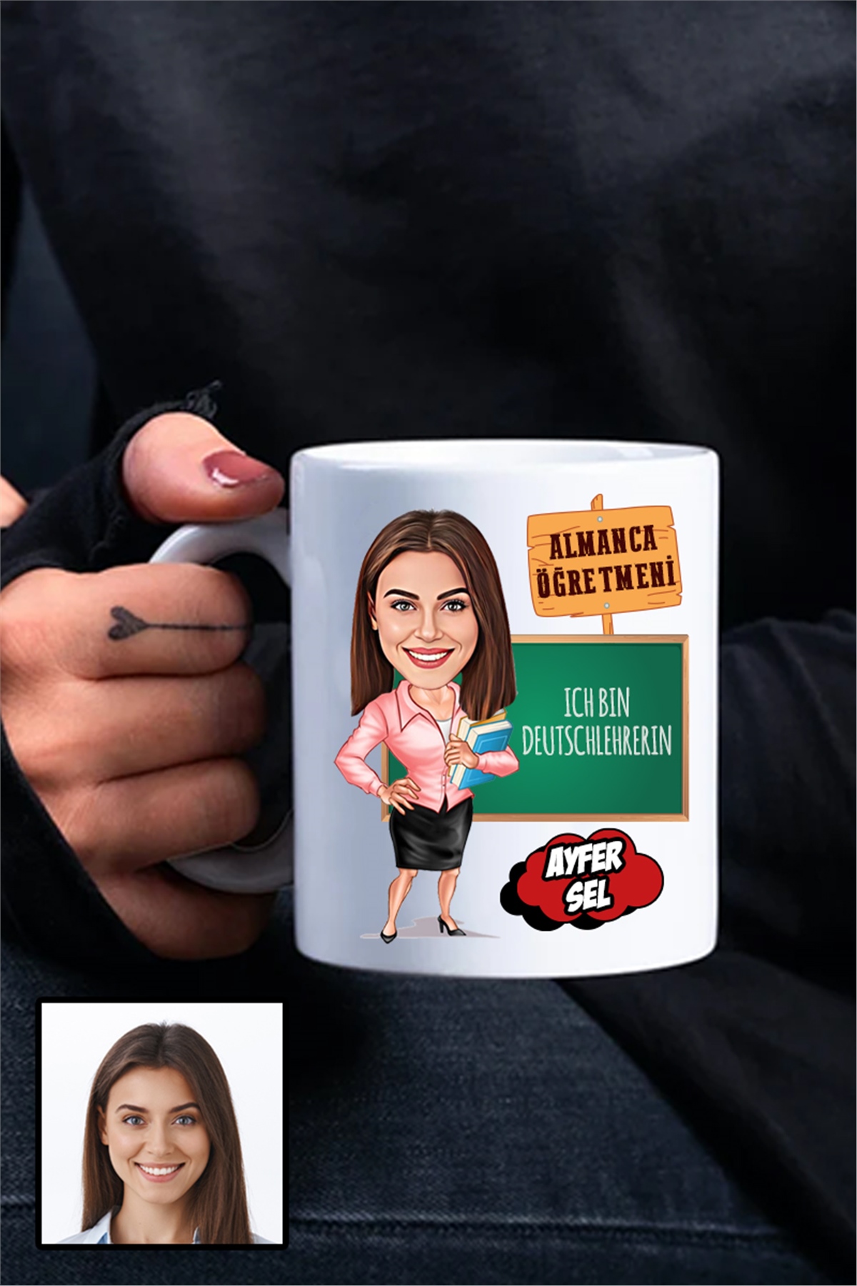 Kadın Almanca Öğretmenine Hediye Karikatürlü Beyaz Kupa Bardak