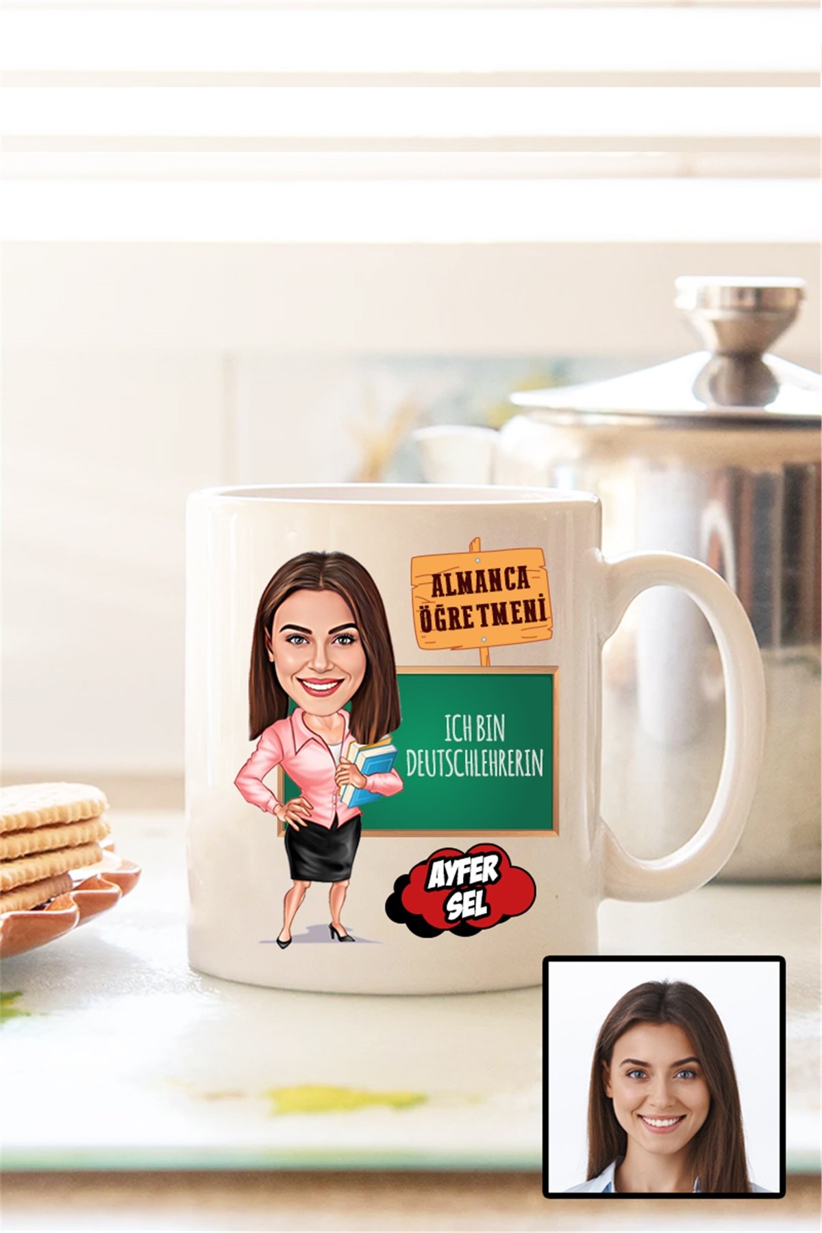 Kadın Almanca Öğretmenine Hediye Karikatürlü Beyaz Kupa Bardak