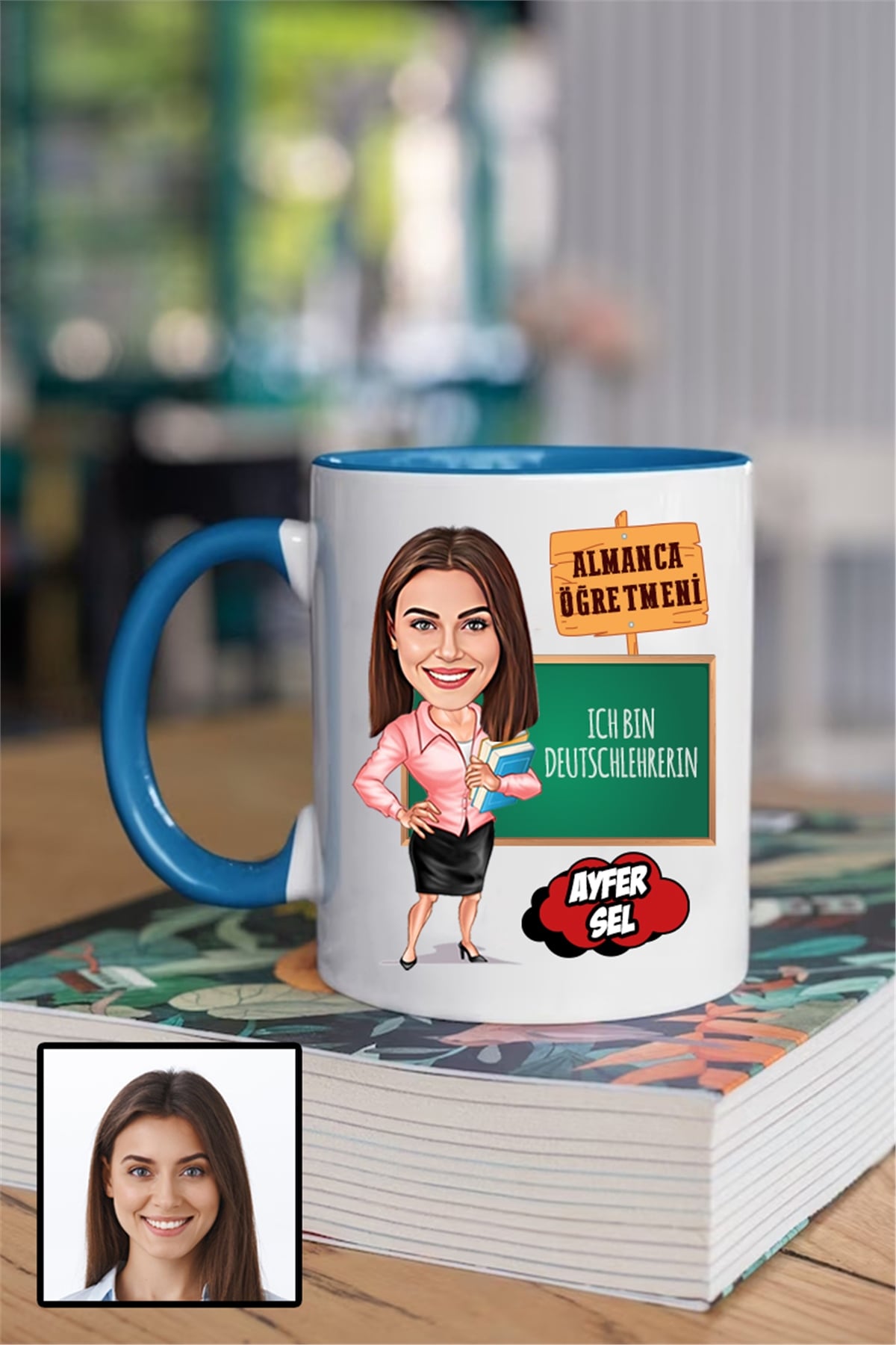 Kadın Almanca Öğretmenine Özel Hediye Karikatürlü İçi Renkli Kupa Bardak