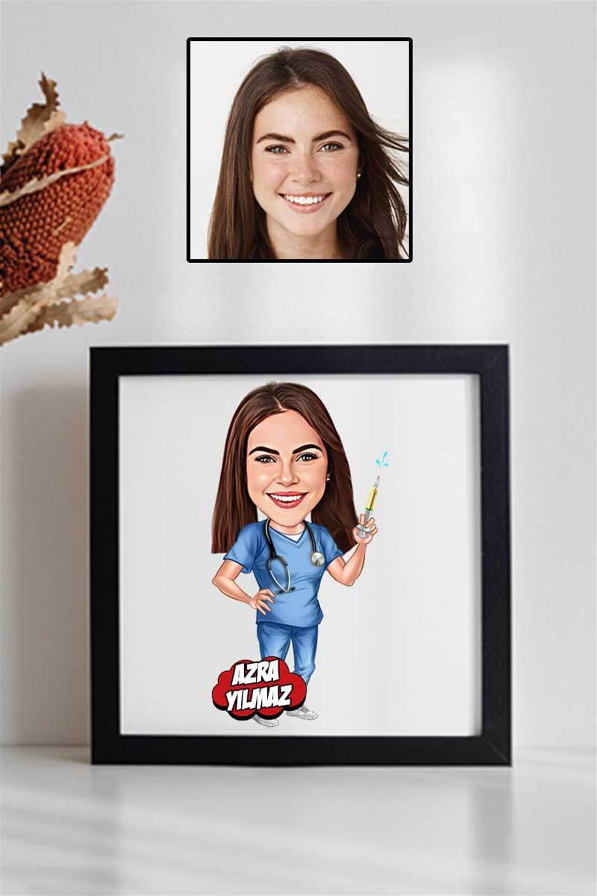 Kadın Anestezi Uzmanına Yeni İş Hediyesi Karikatürlü Kare Çerçeve