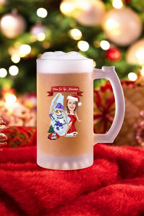 Kadın Arkadaşa Yılbaşı Hediyesi Karikatürlü Bira Bardağı