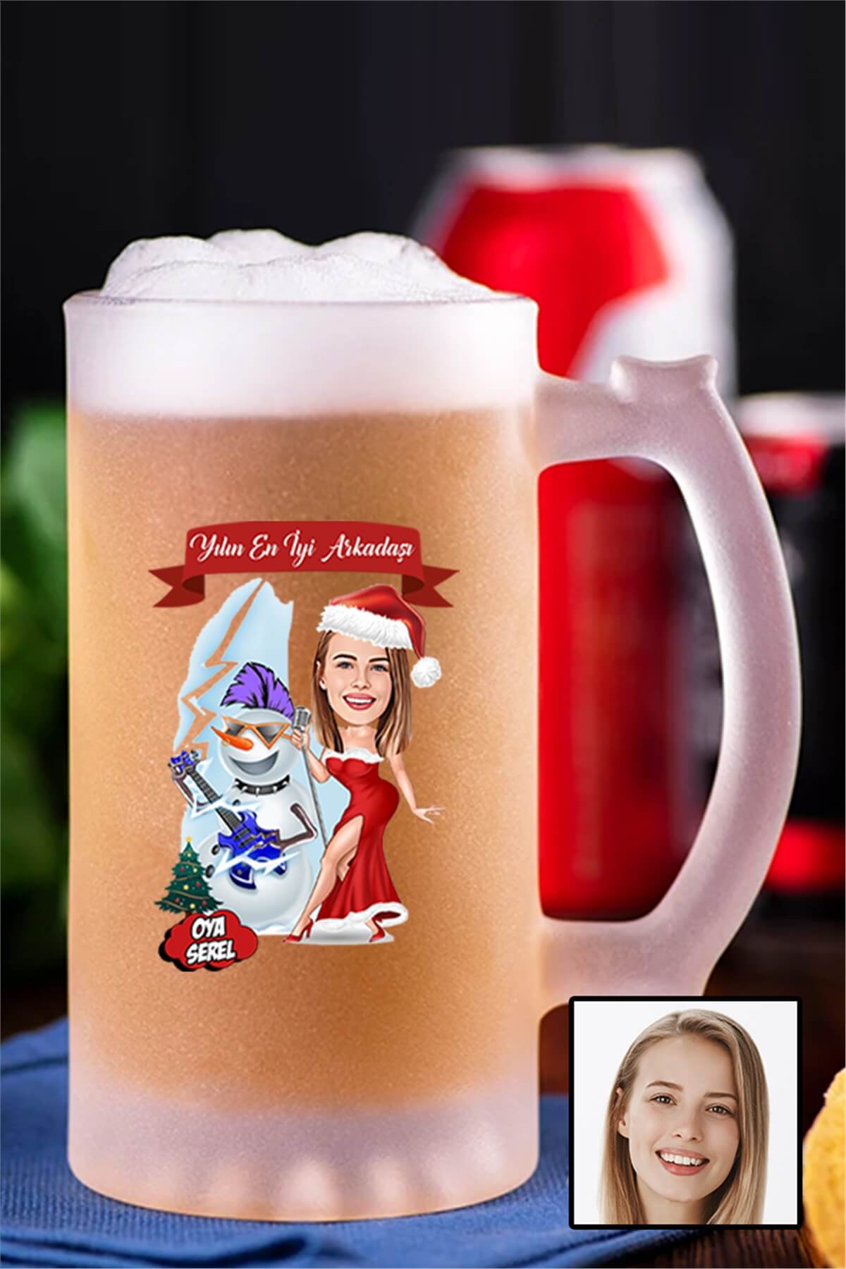 Kadın Arkadaşa Yılbaşı Hediyesi Karikatürlü Bira Bardağı