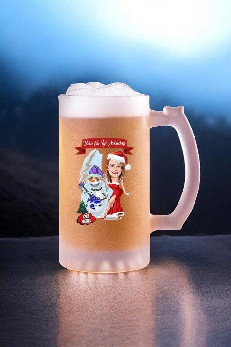 Kadın Arkadaşa Yılbaşı Hediyesi Karikatürlü Bira Bardağı