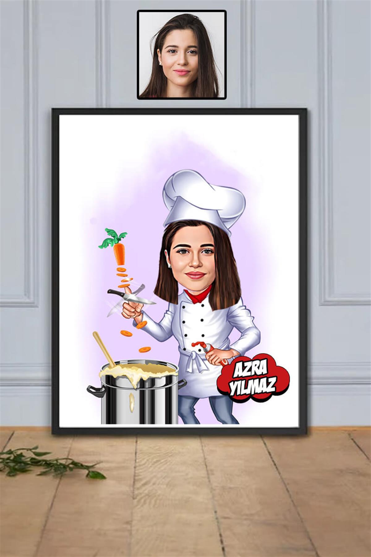 Kadın Aşçıya Hediye Kişiye Özel Aşçı Karikatürlü Hediyelik Çerçeve