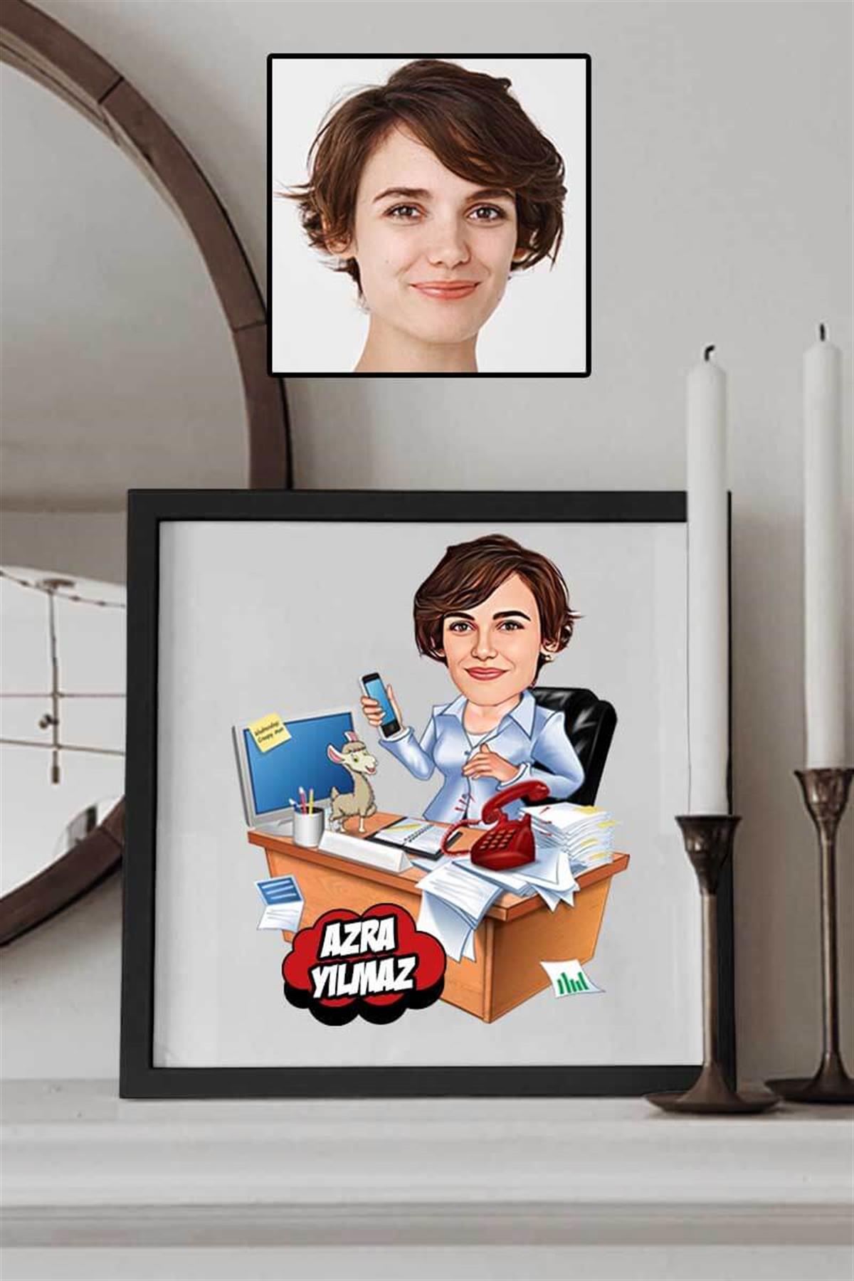 Kadın Bankacıya Hediye Karikatürlü Kare Çerçeve