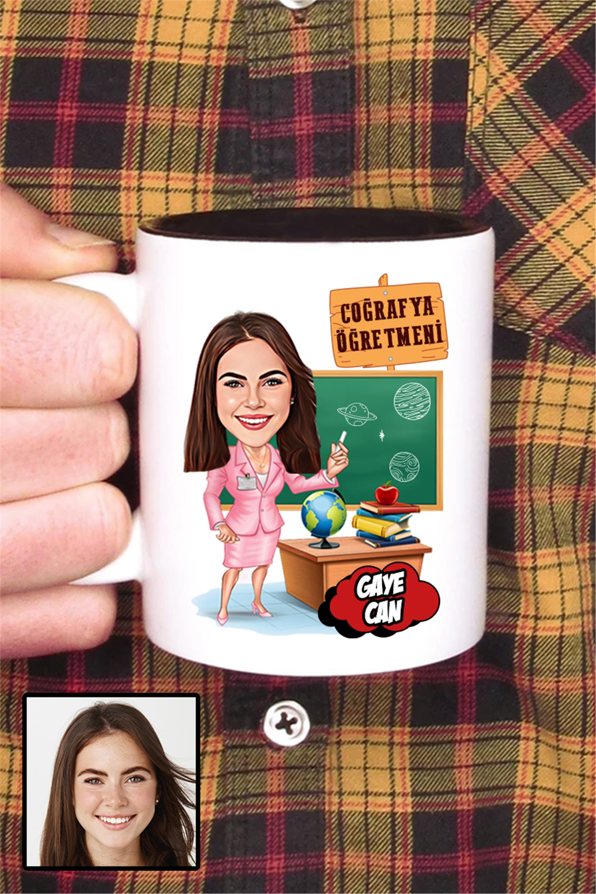 Kadın Coğrafya Öğretmenine Özel Hediye Karikatürlü İçi Renkli Kupa Bardak