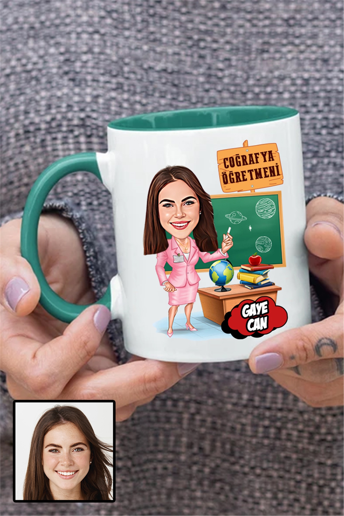 Kadın Coğrafya Öğretmenine Özel Hediye Karikatürlü İçi Renkli Kupa Bardak