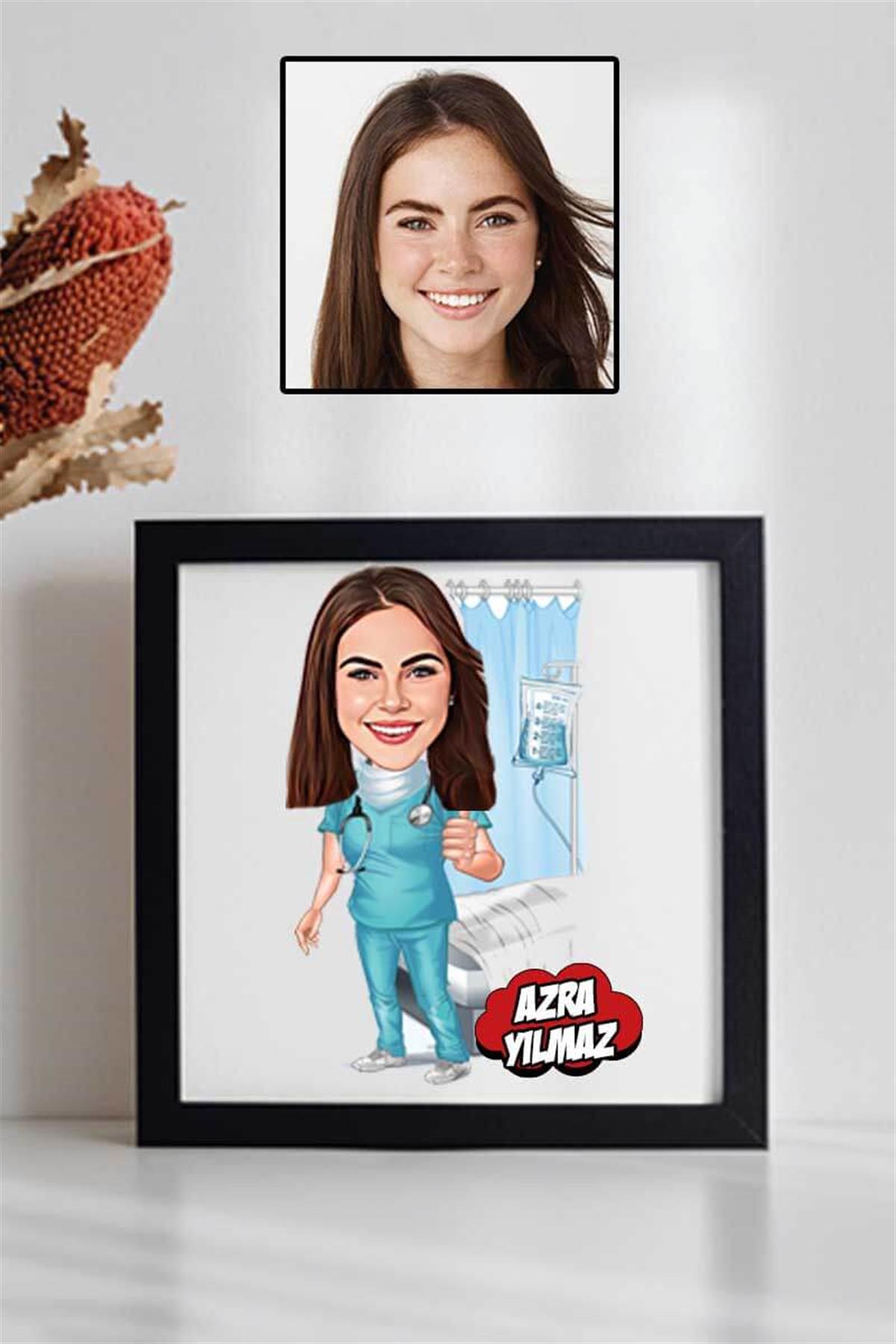 Kadın Doktora Teşekkür Hediyesi Karikatürlü Kare Çerçeve