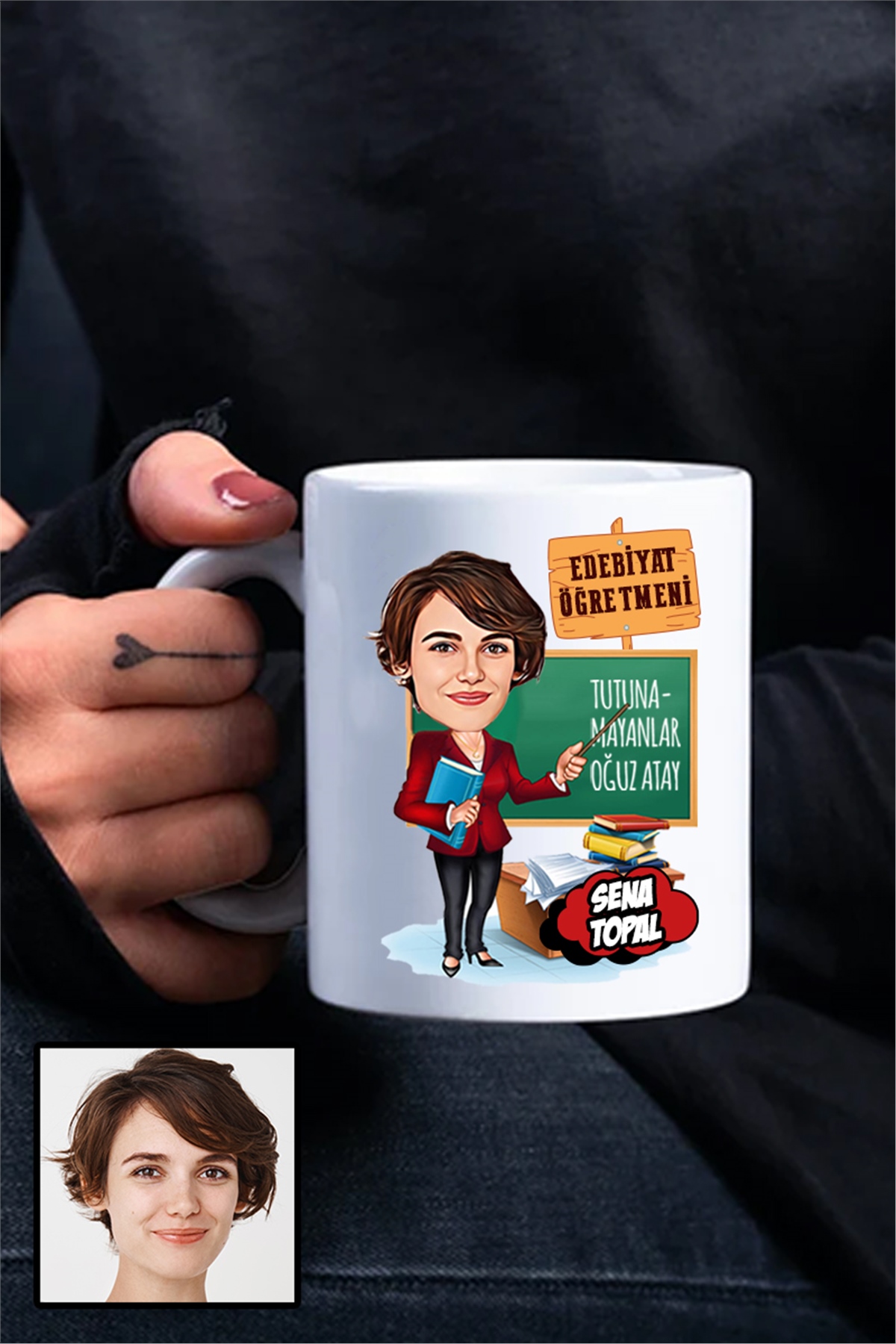 Kadın Edebiyat Öğretmenine Hediye Karikatürlü Beyaz Kupa Bardak