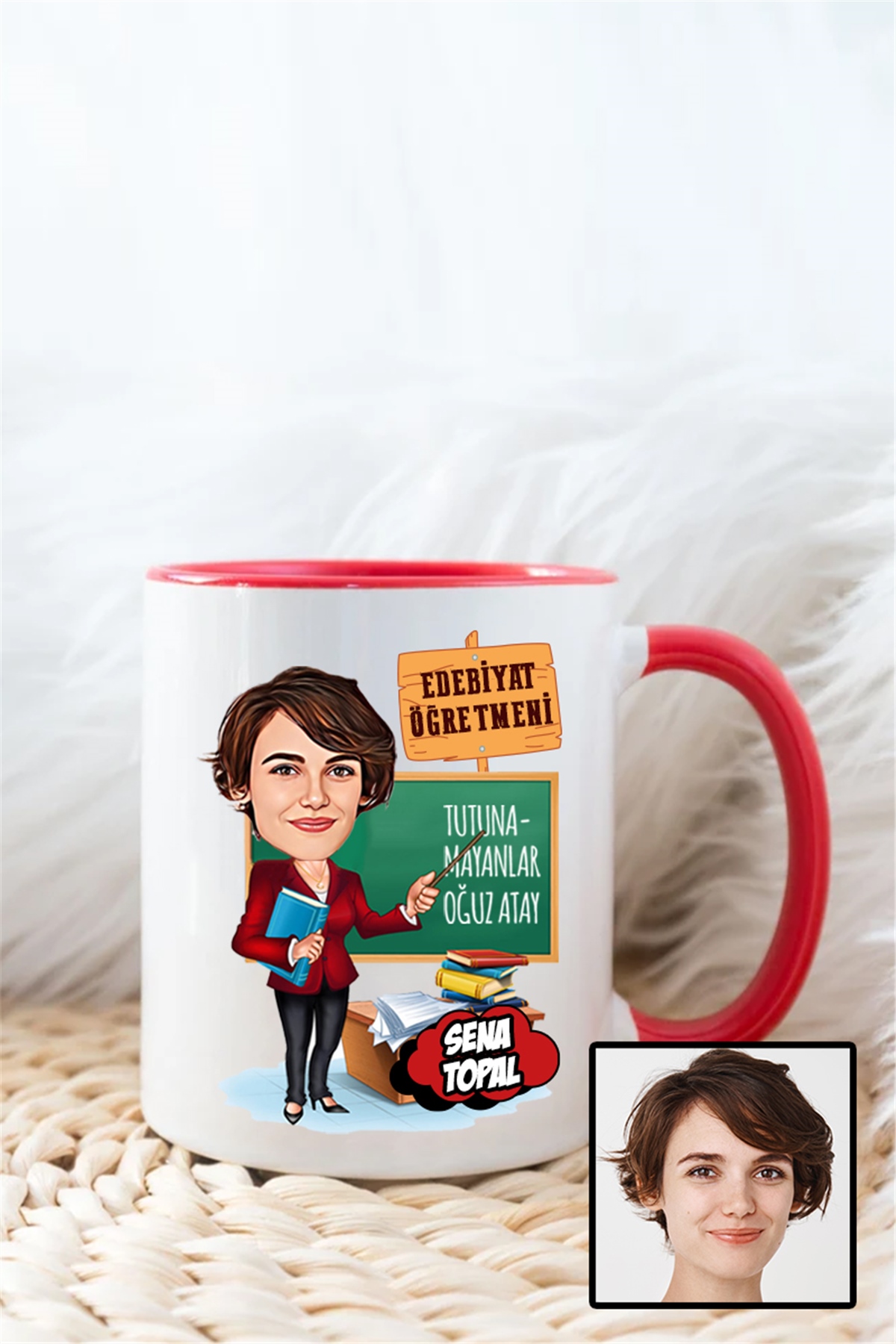 Kadın Edebiyat Öğretmenine Özel Hediye Karikatürlü İçi Renkli Kupa Bardak