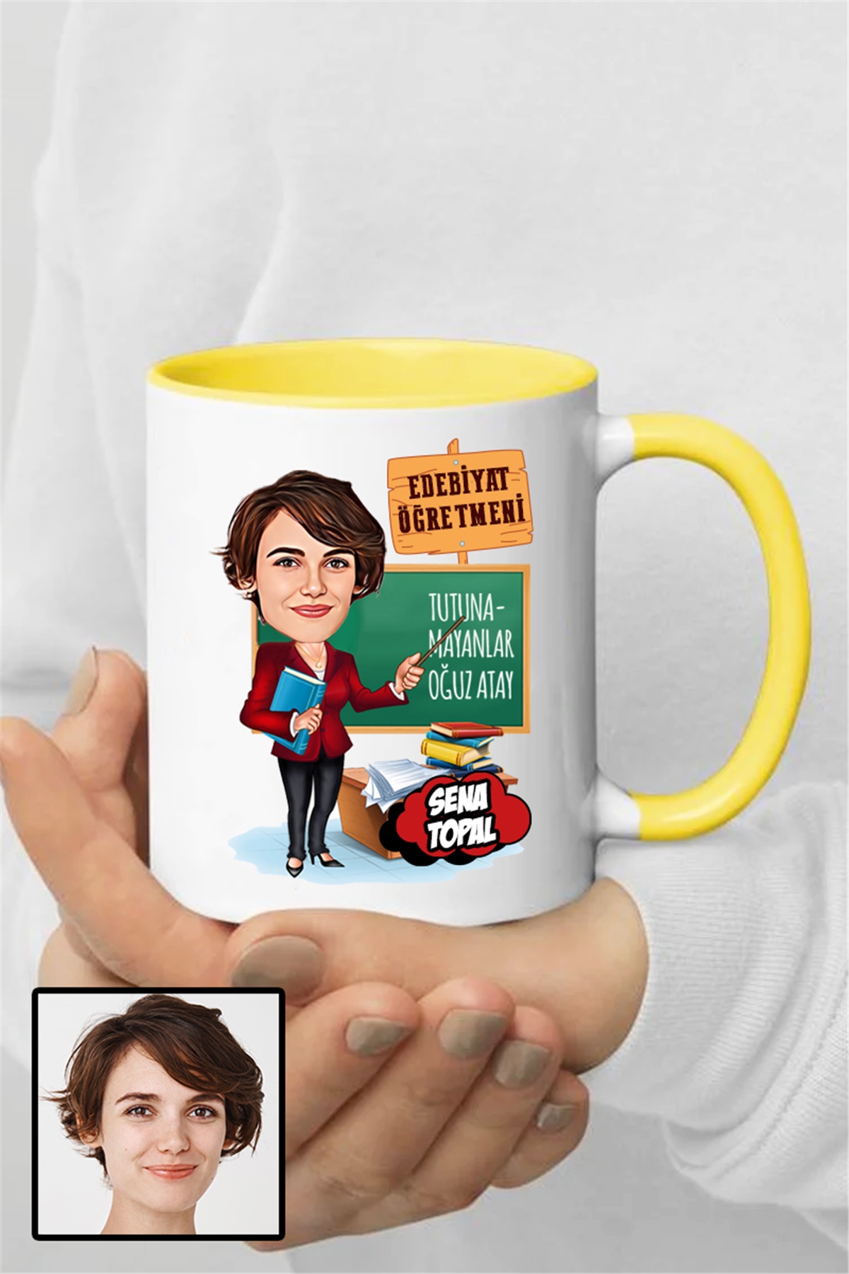 Kadın Edebiyat Öğretmenine Özel Hediye Karikatürlü İçi Renkli Kupa Bardak