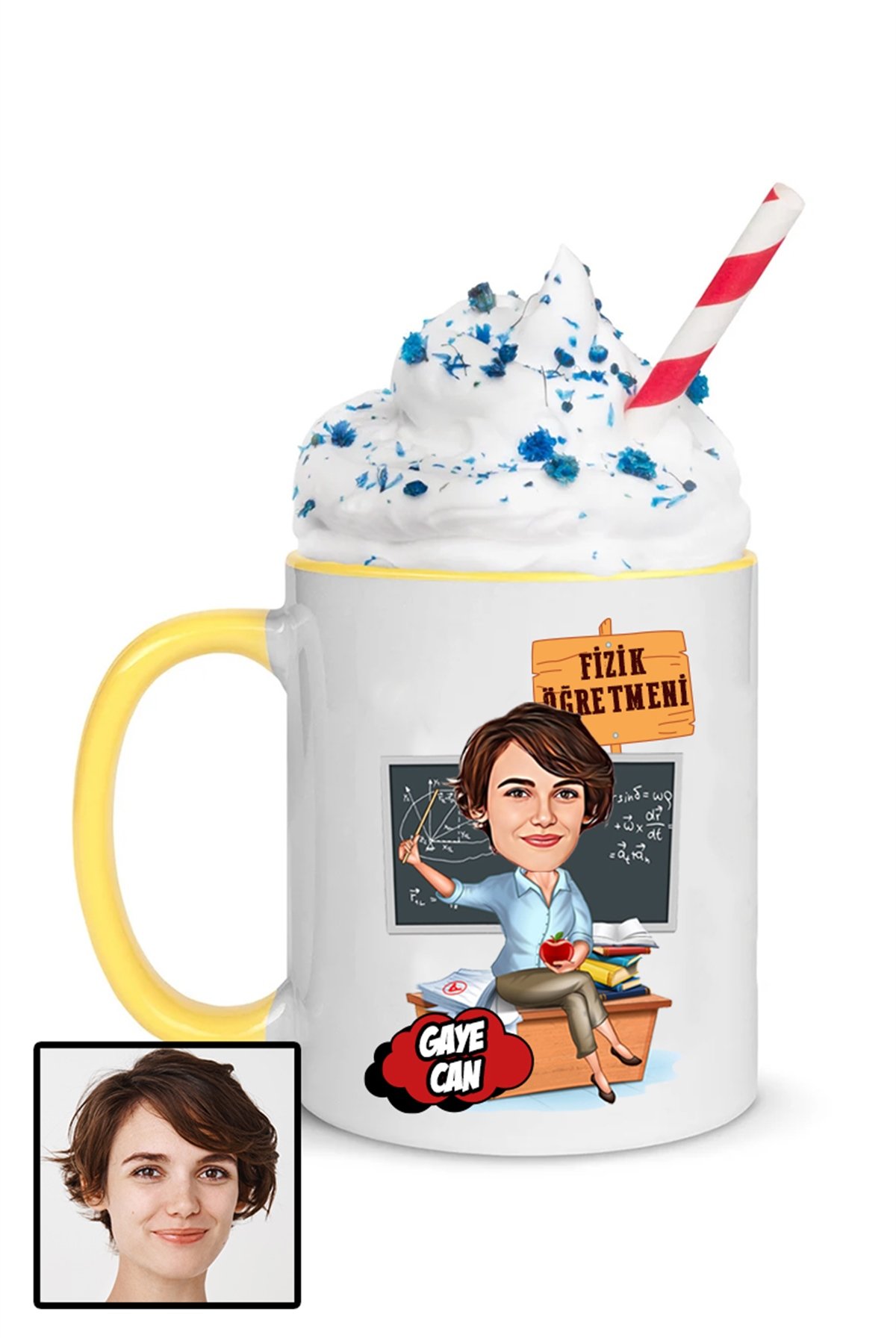 Kadın Fizik Öğretmenine Özel Hediye Karikatürlü İçi Renkli Kupa Bardak