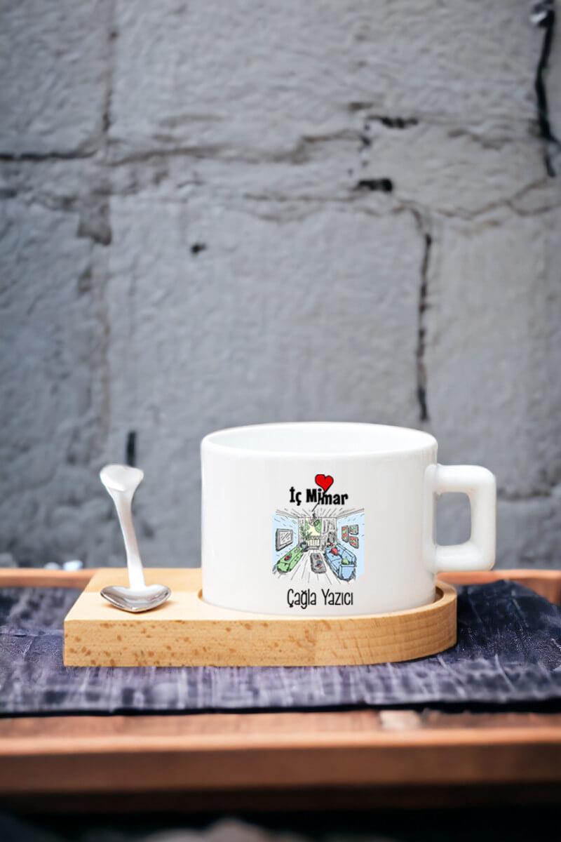 Kadın İç Mimara Hediye Kalp Kaşıklı Ahşap Altlıklı Fincan