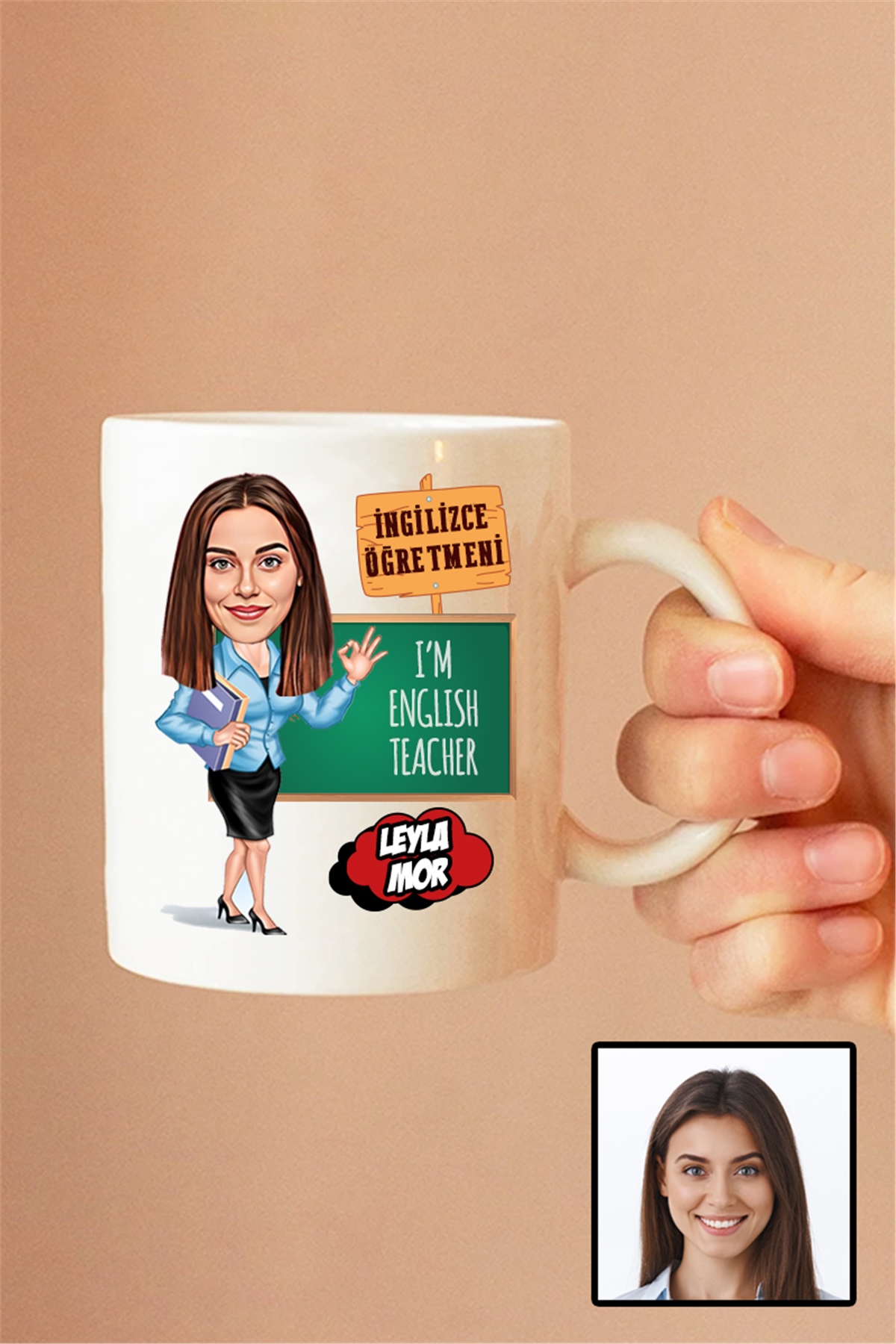 Kadın İngilizce Öğretmenine Hediye Karikatürlü Beyaz Kupa Bardak