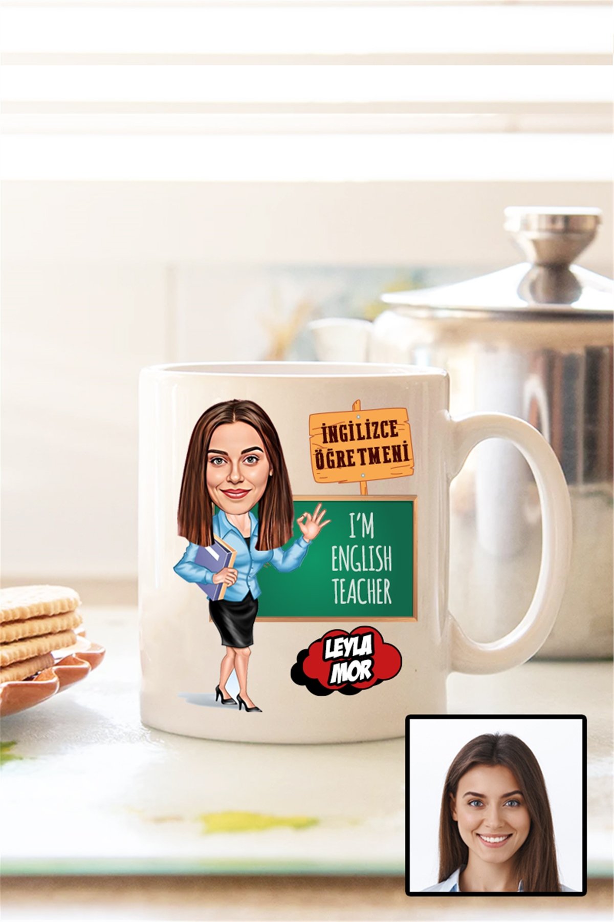 Kadın İngilizce Öğretmenine Hediye Karikatürlü Beyaz Kupa Bardak