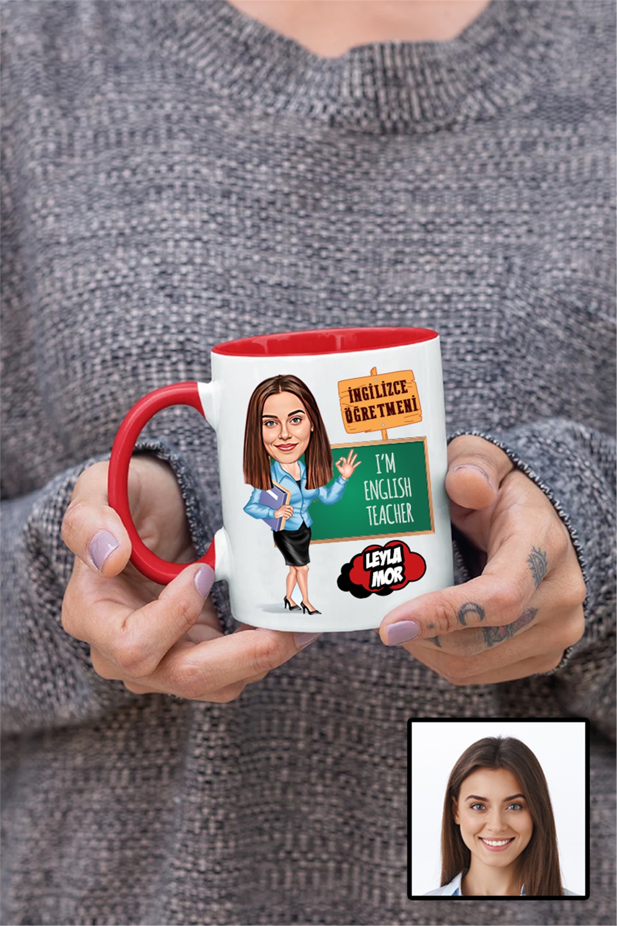 Kadın İngilizce Öğretmenine Özel Hediye Karikatürlü İçi Renkli Kupa Bardak