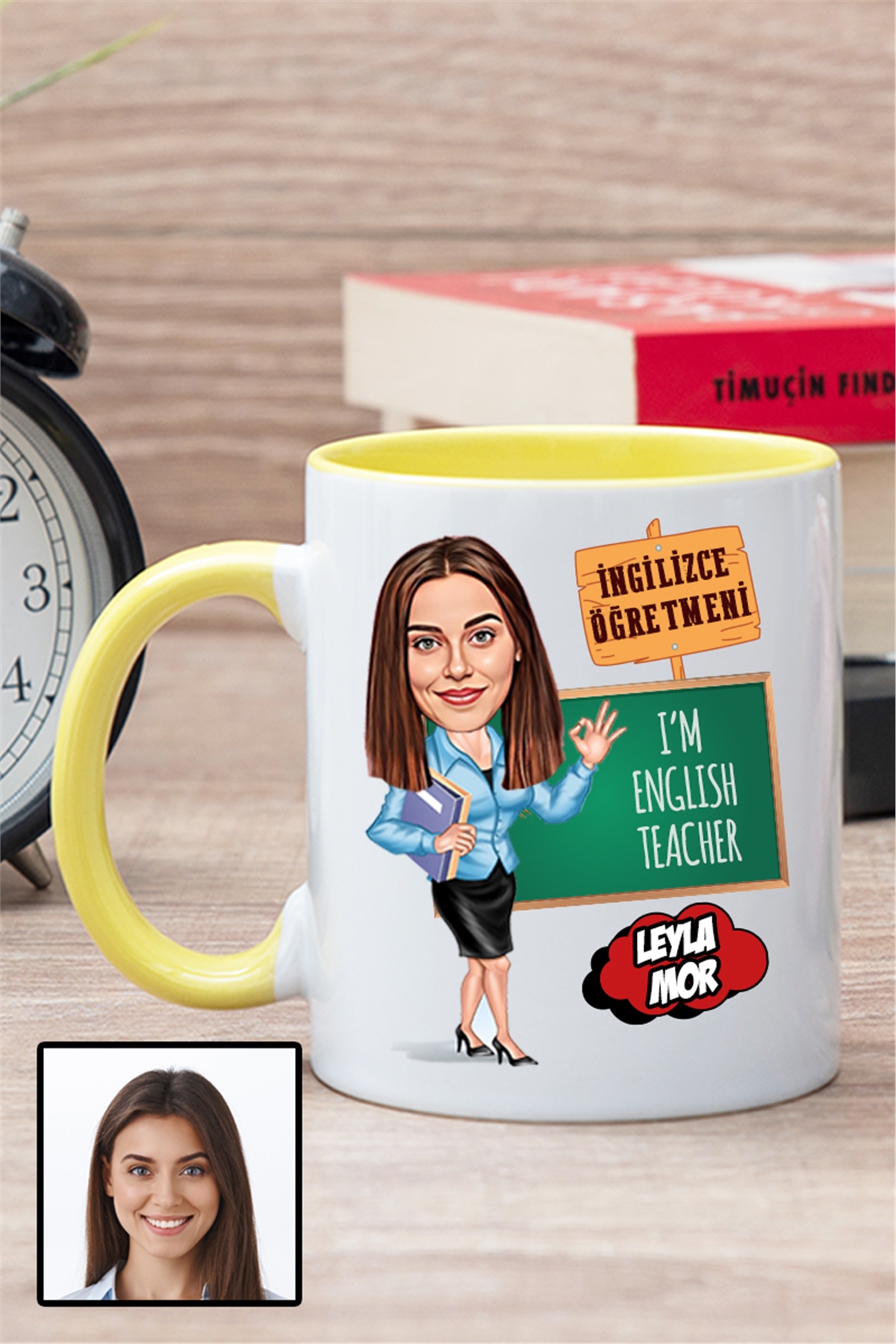 Kadın İngilizce Öğretmenine Özel Hediye Karikatürlü İçi Renkli Kupa Bardak