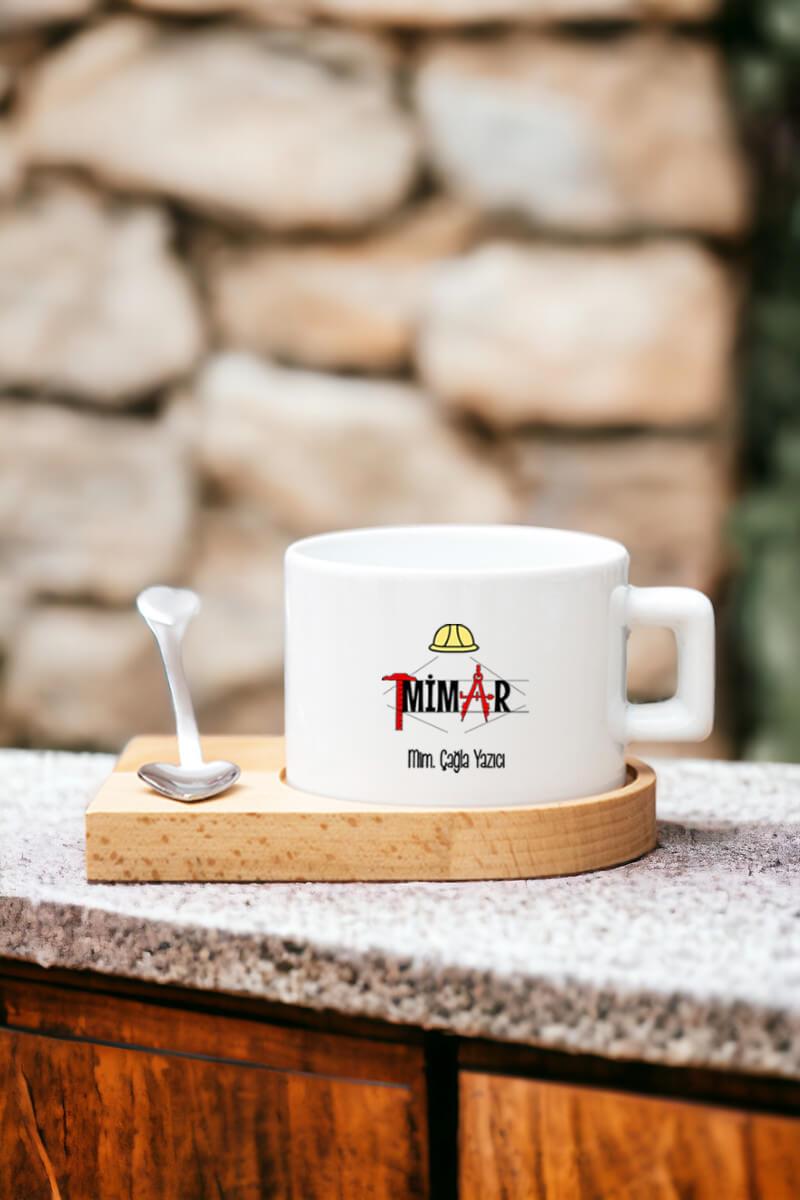 Kadın Mimarlara Hediye Kalp Kaşıklı Ahşap Altlıklı Fincan