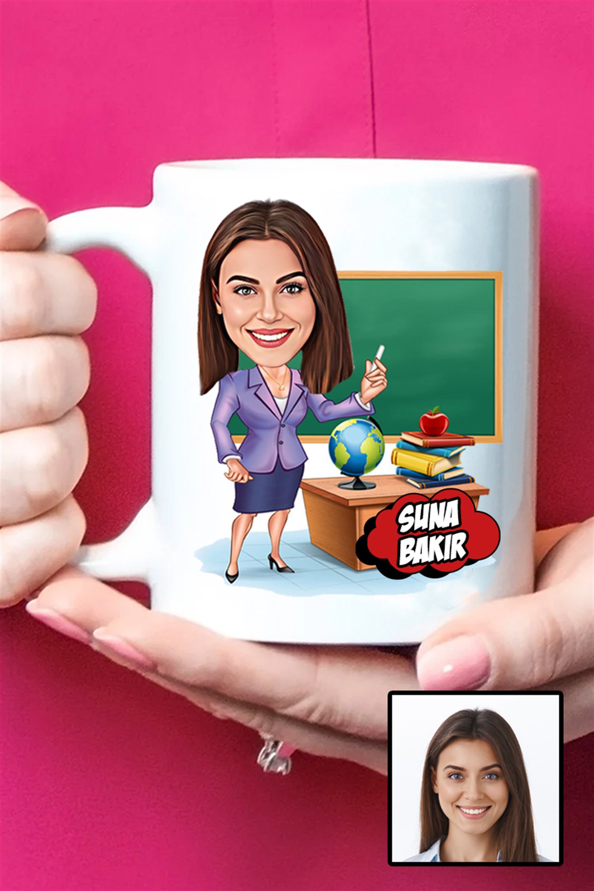 Kadın Öğretmene Hediye Karikatürlü Beyaz Kupa Bardak