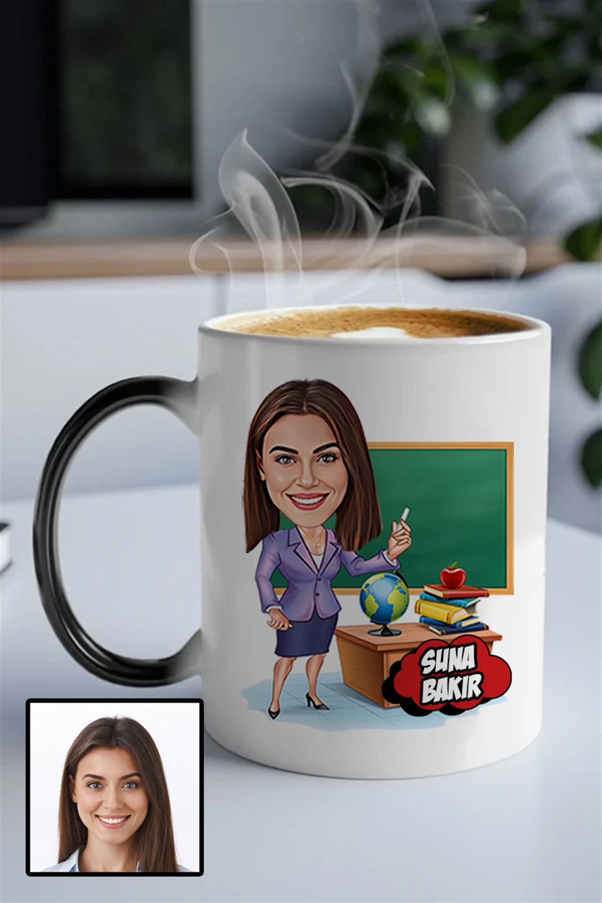 Kadın Öğretmene Kişiye Özel Hediye Karikatürlü Sihirli Kupa Bardak