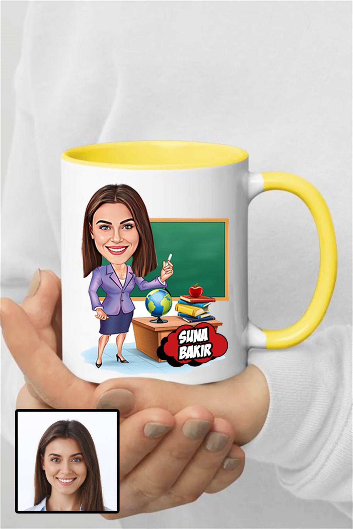 Kadın Öğretmene Özel Hediye Karikatürlü İçi Renkli Kupa Bardak