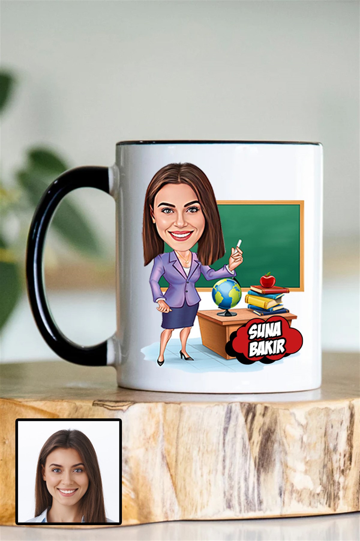 Kadın Öğretmene Özel Hediye Karikatürlü İçi Renkli Kupa Bardak