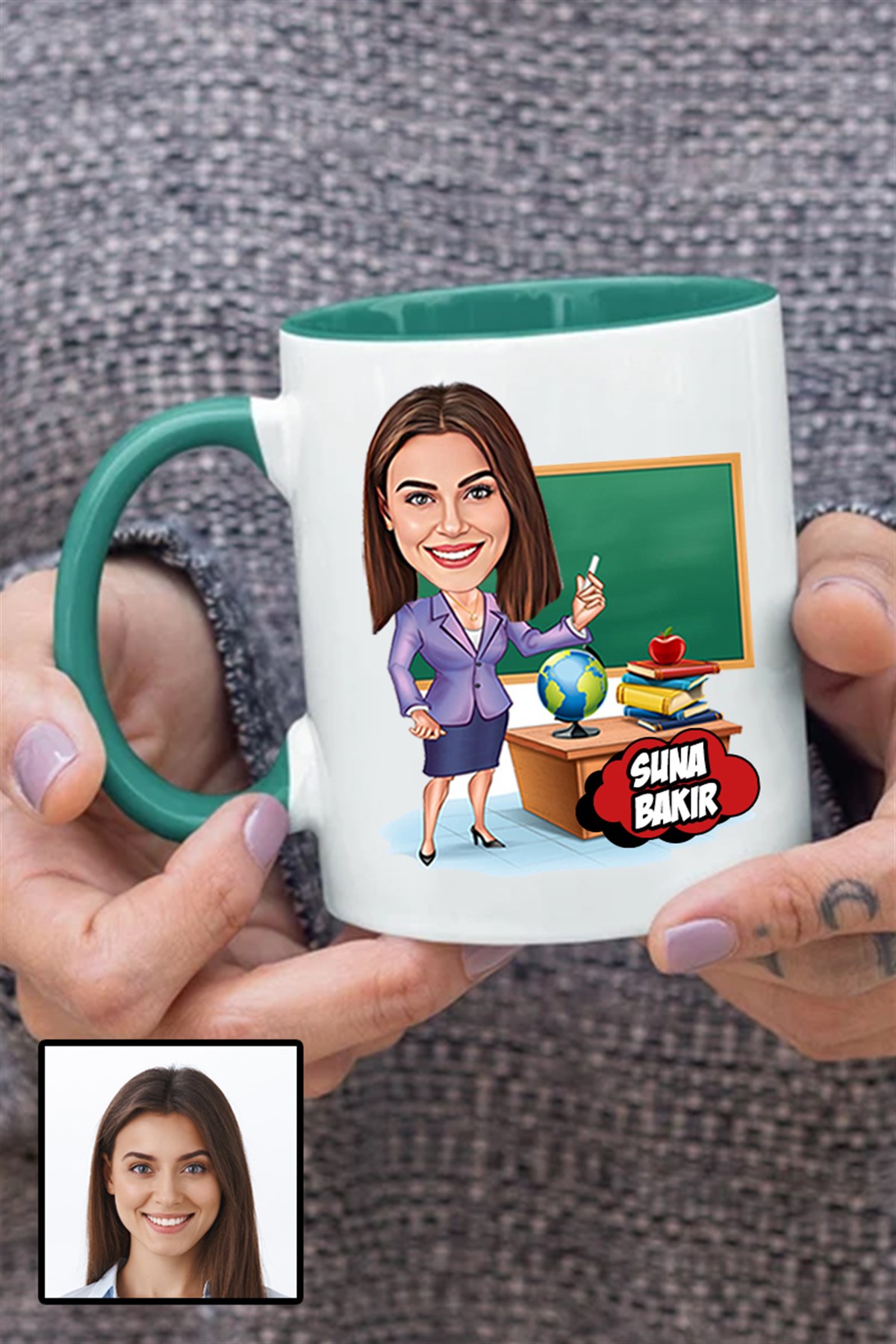 Kadın Öğretmene Özel Hediye Karikatürlü İçi Renkli Kupa Bardak