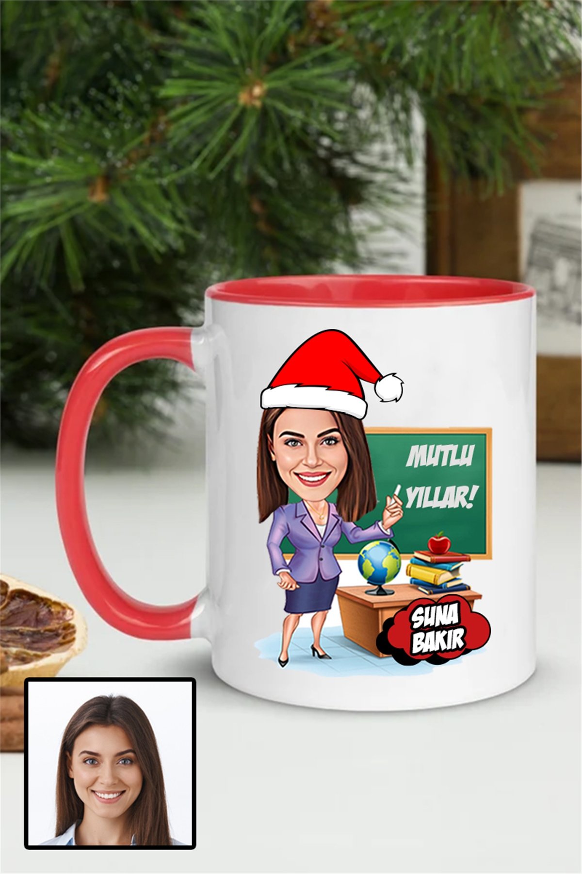 Kadın Öğretmene Yılbaşı Hediyesi Karikatürlü İçi Renkli Kupa Bardak