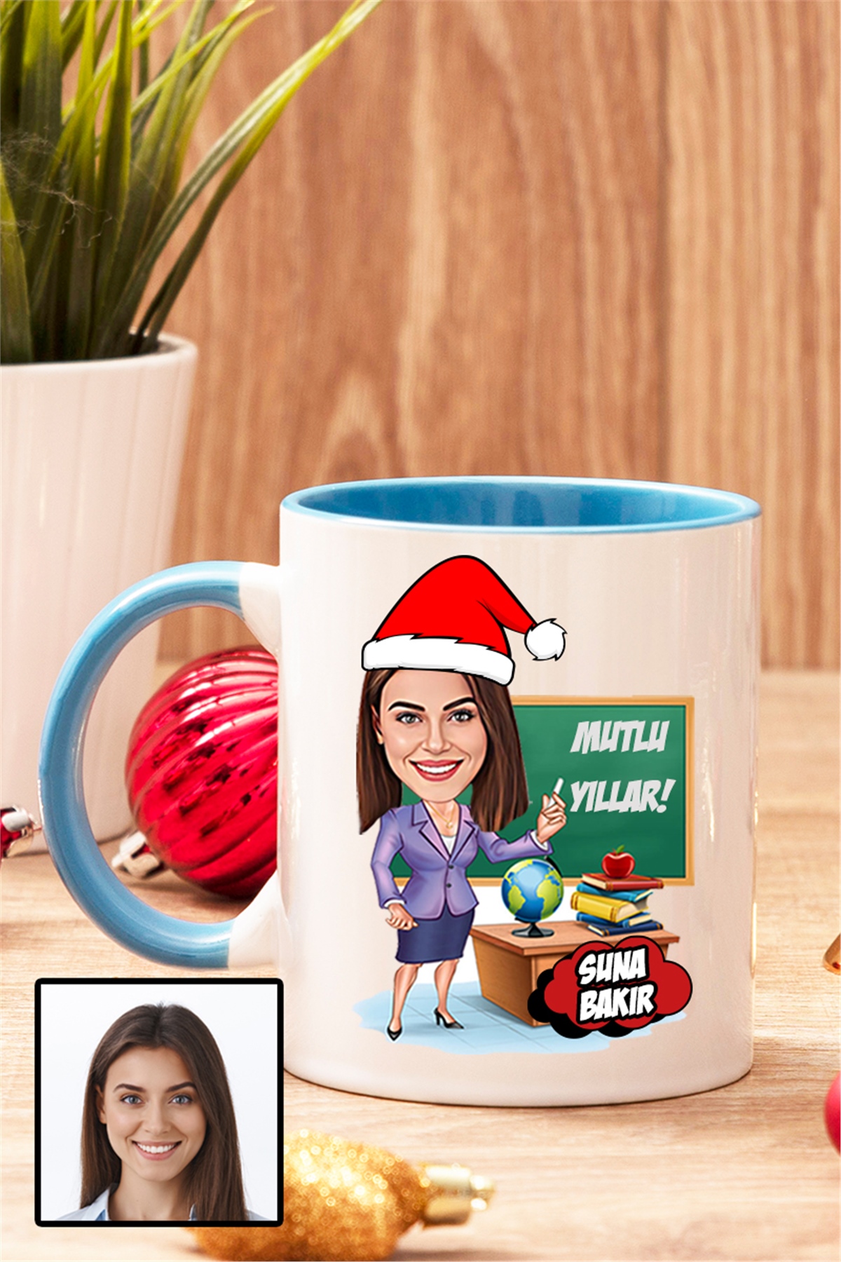 Kadın Öğretmene Yılbaşı Hediyesi Karikatürlü İçi Renkli Kupa Bardak