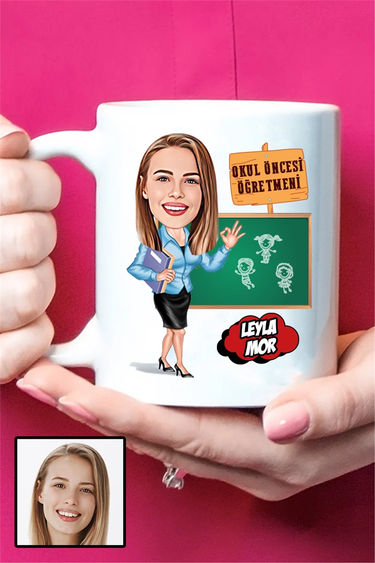 Kadın Okul Öncesi Öğretmenine Hediye Karikatürlü Beyaz Kupa Bardak