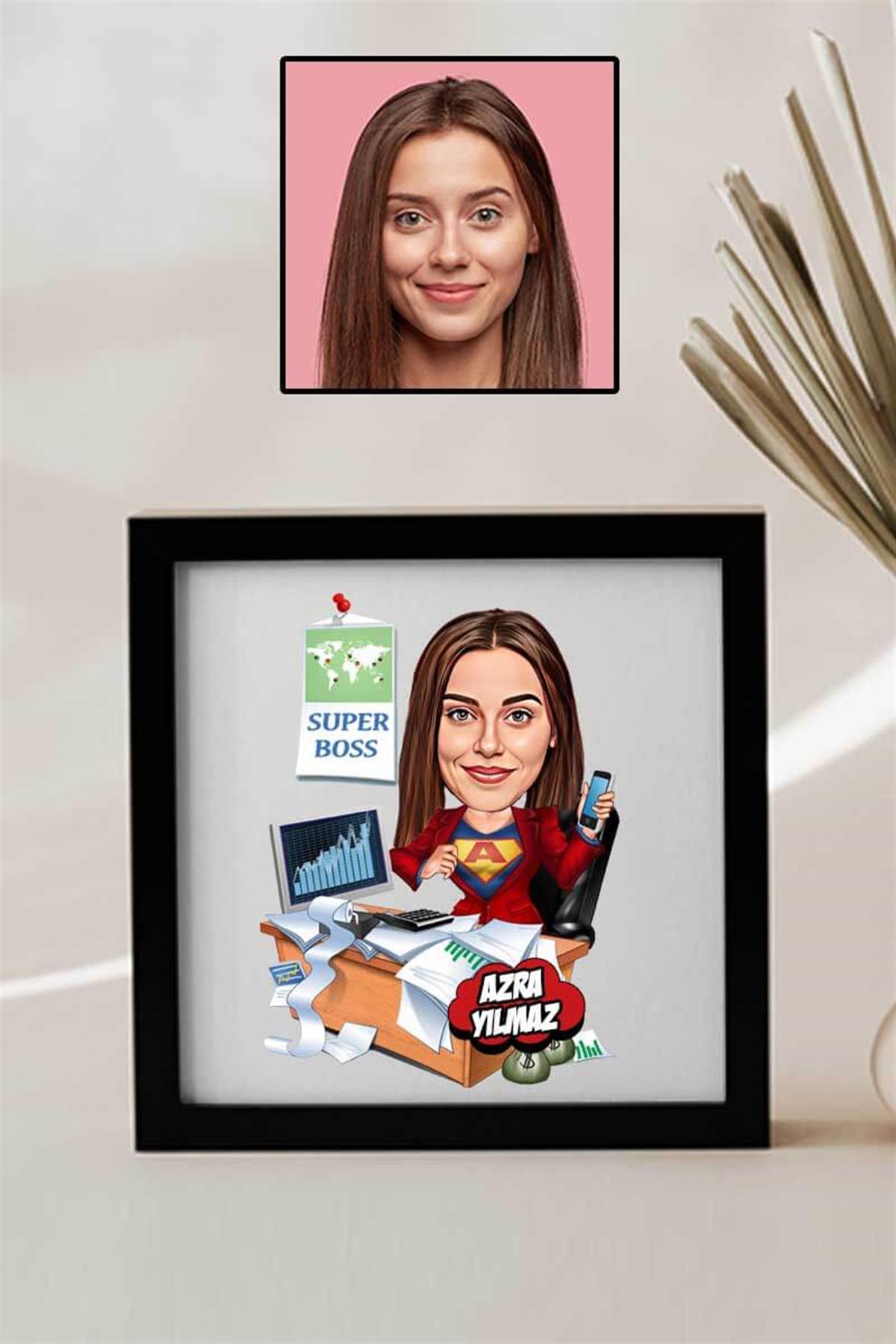 Kadın Patrona Hediye Karikatürlü Kare Çerçeve
