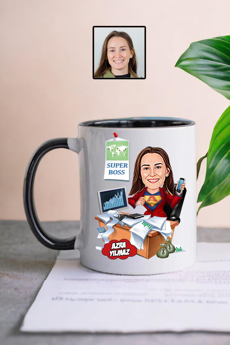 Kadın Patrona Hediye Karikatürlü Kişiye Özel Kupa Bardak