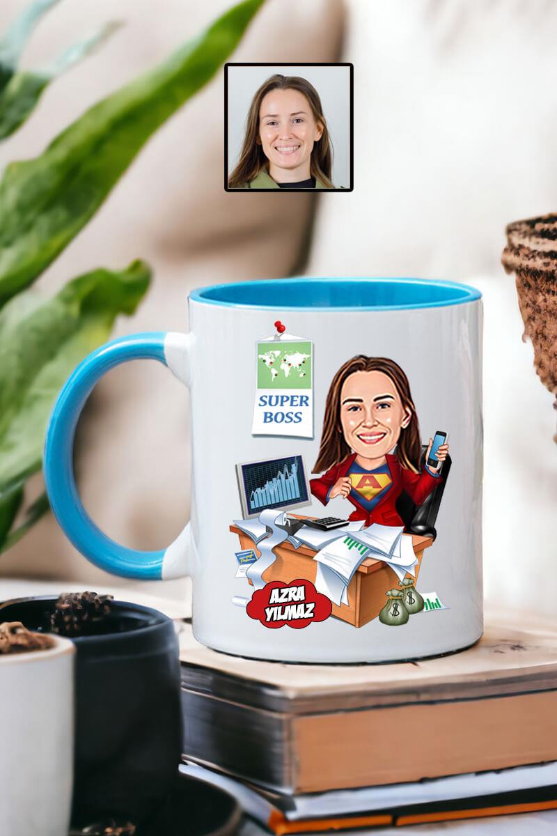 Kadın Patrona Hediye Karikatürlü Kişiye Özel Kupa Bardak